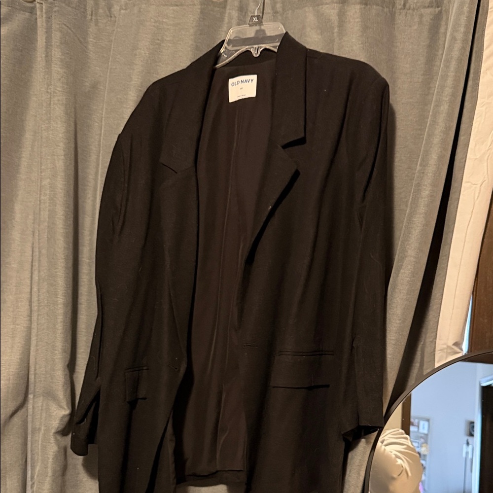 Old Navy Black Jacket with White Label and Blue Logo
